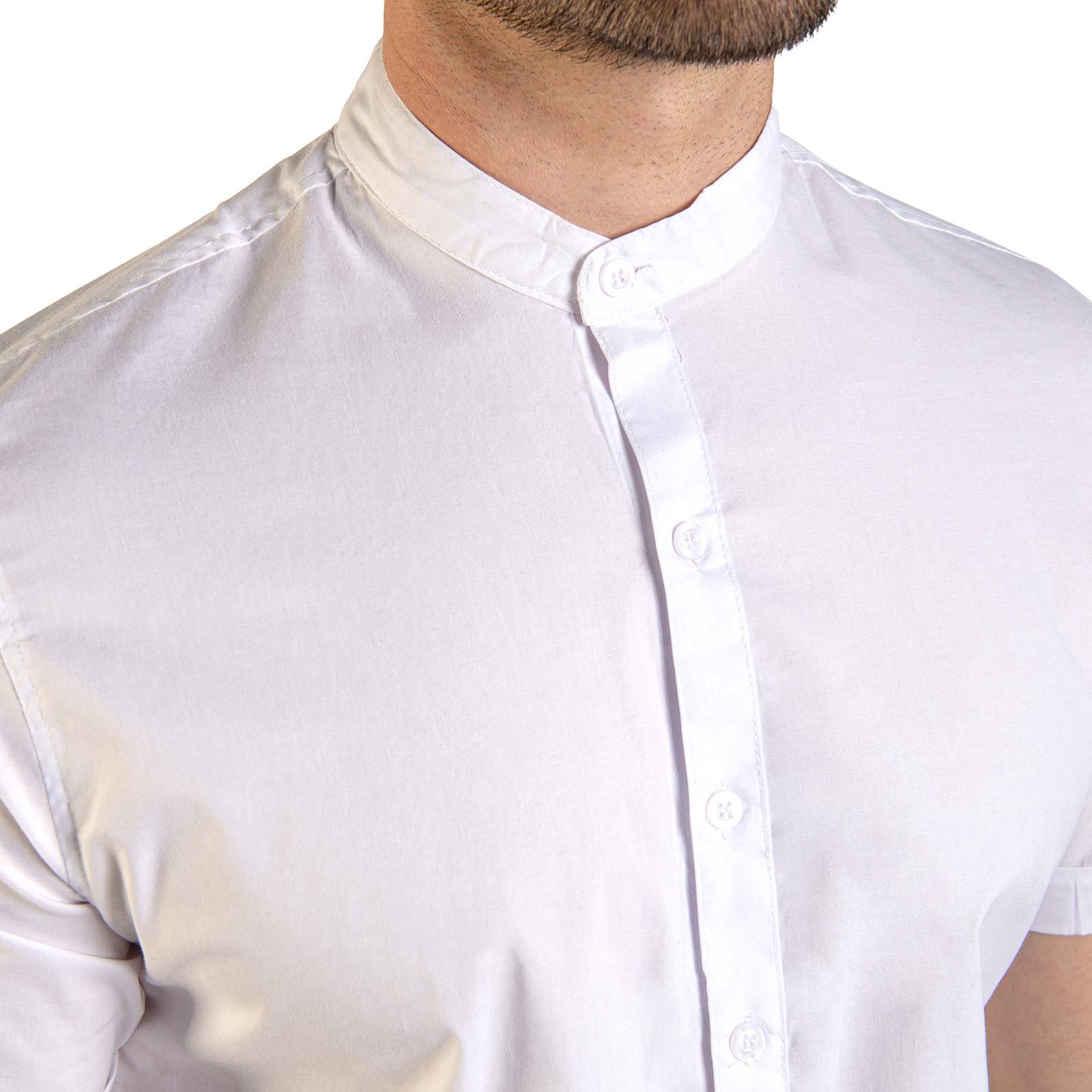 Foto 4 pulgar | Camisa Manga Corta Blanca Stretch Slim Fit Cuello Mao