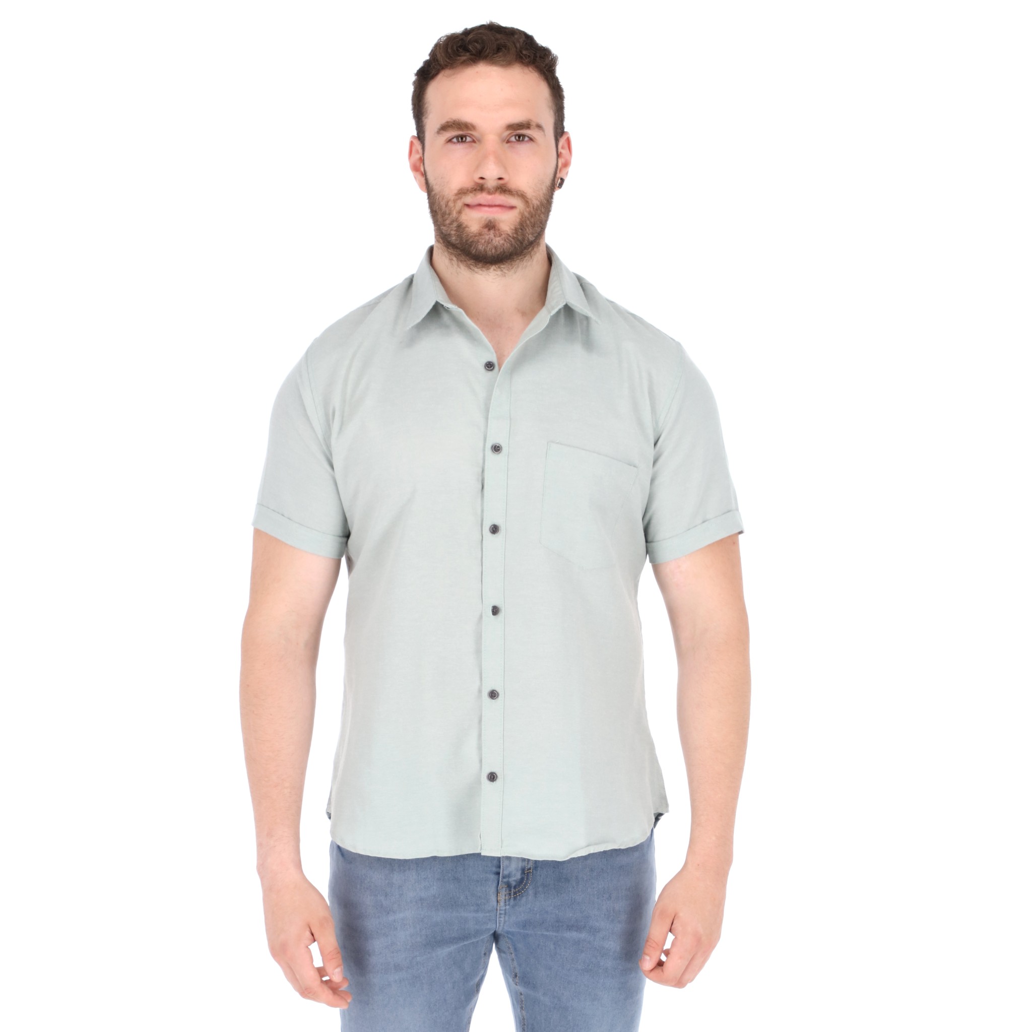 Foto 2 pulgar | Camisa Manga Corta Gris Cuello Americano Slim Fit