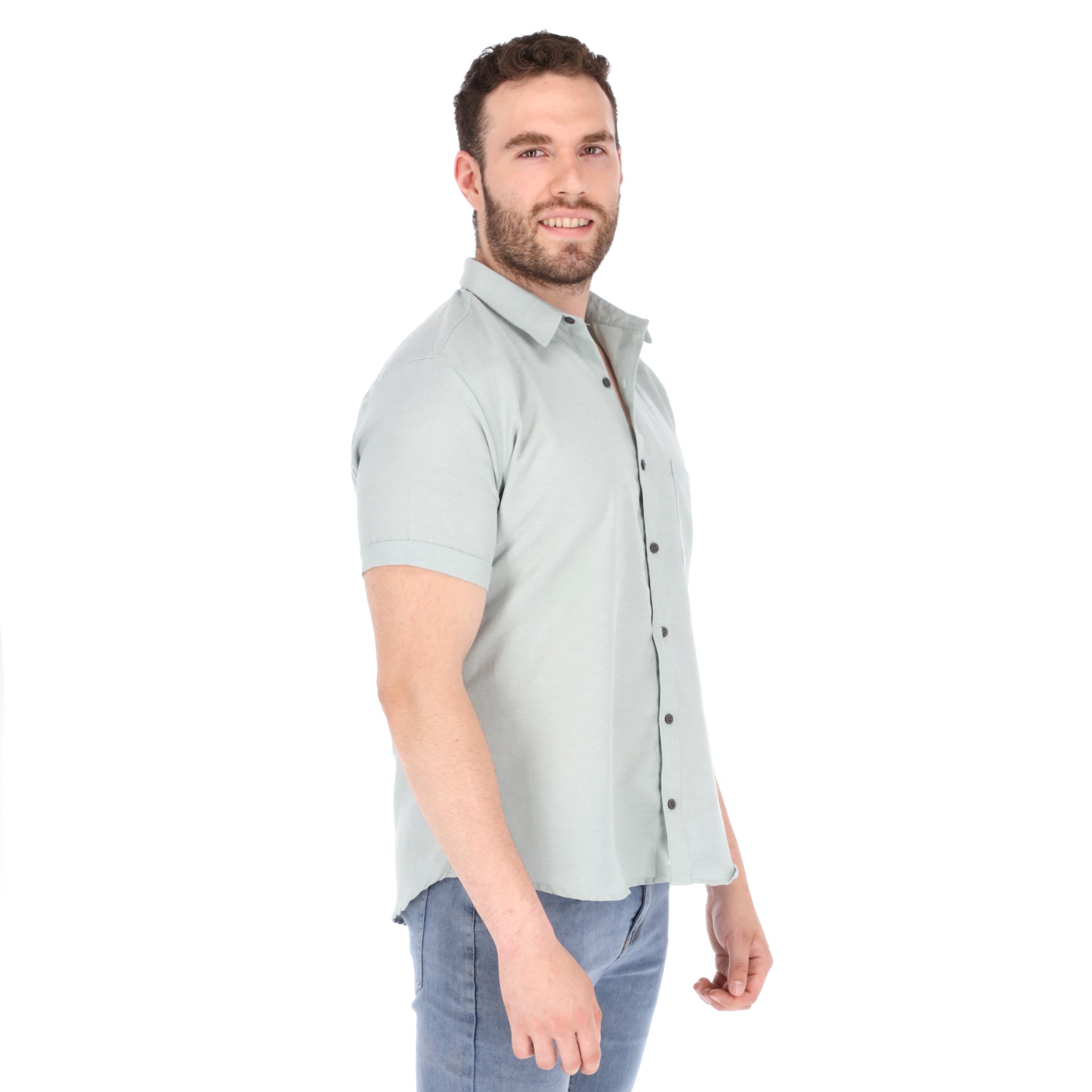 Foto 3 pulgar | Camisa Manga Corta Gris Cuello Americano Slim Fit