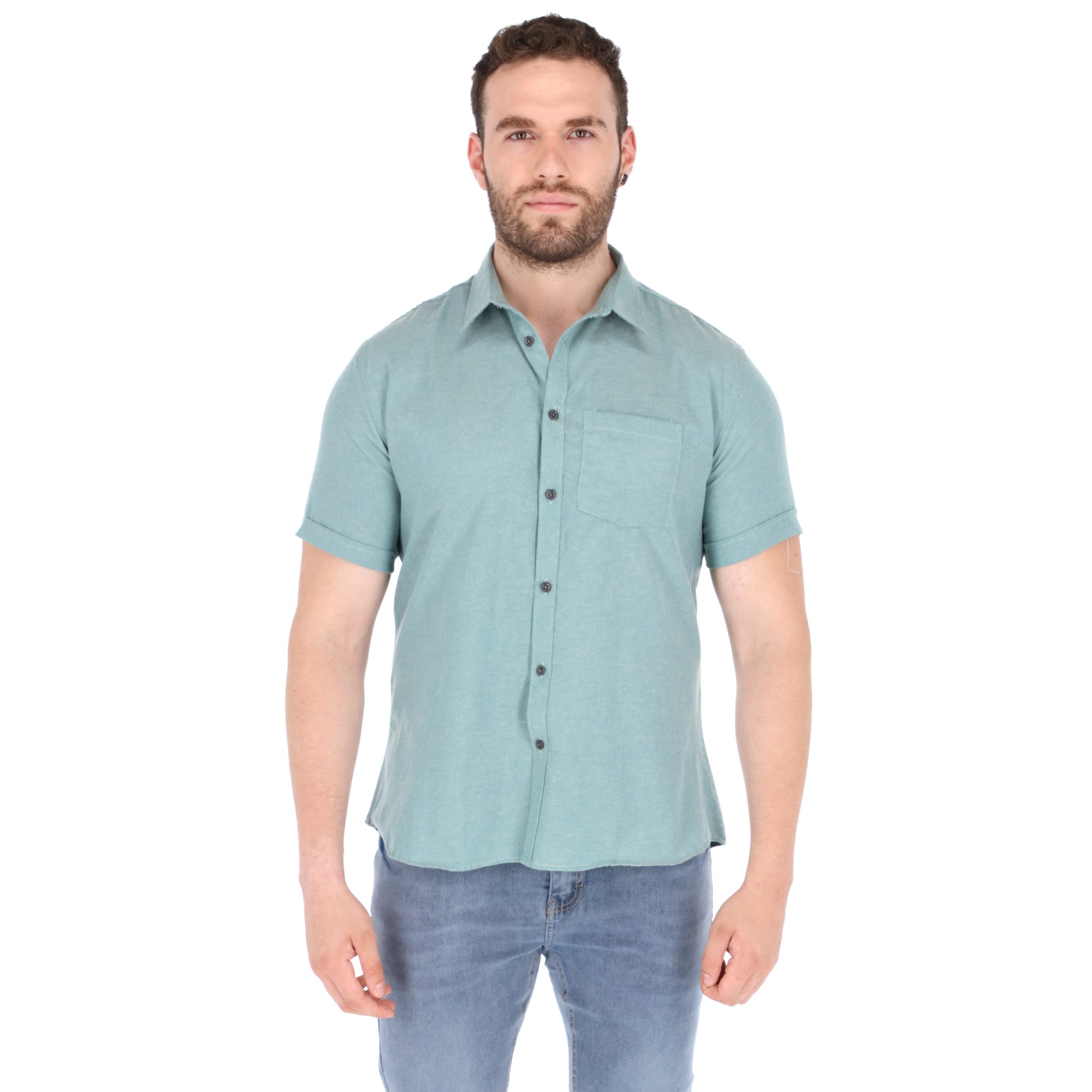 Foto 2 pulgar | Camisa Manga Corta Verde Slim Fit