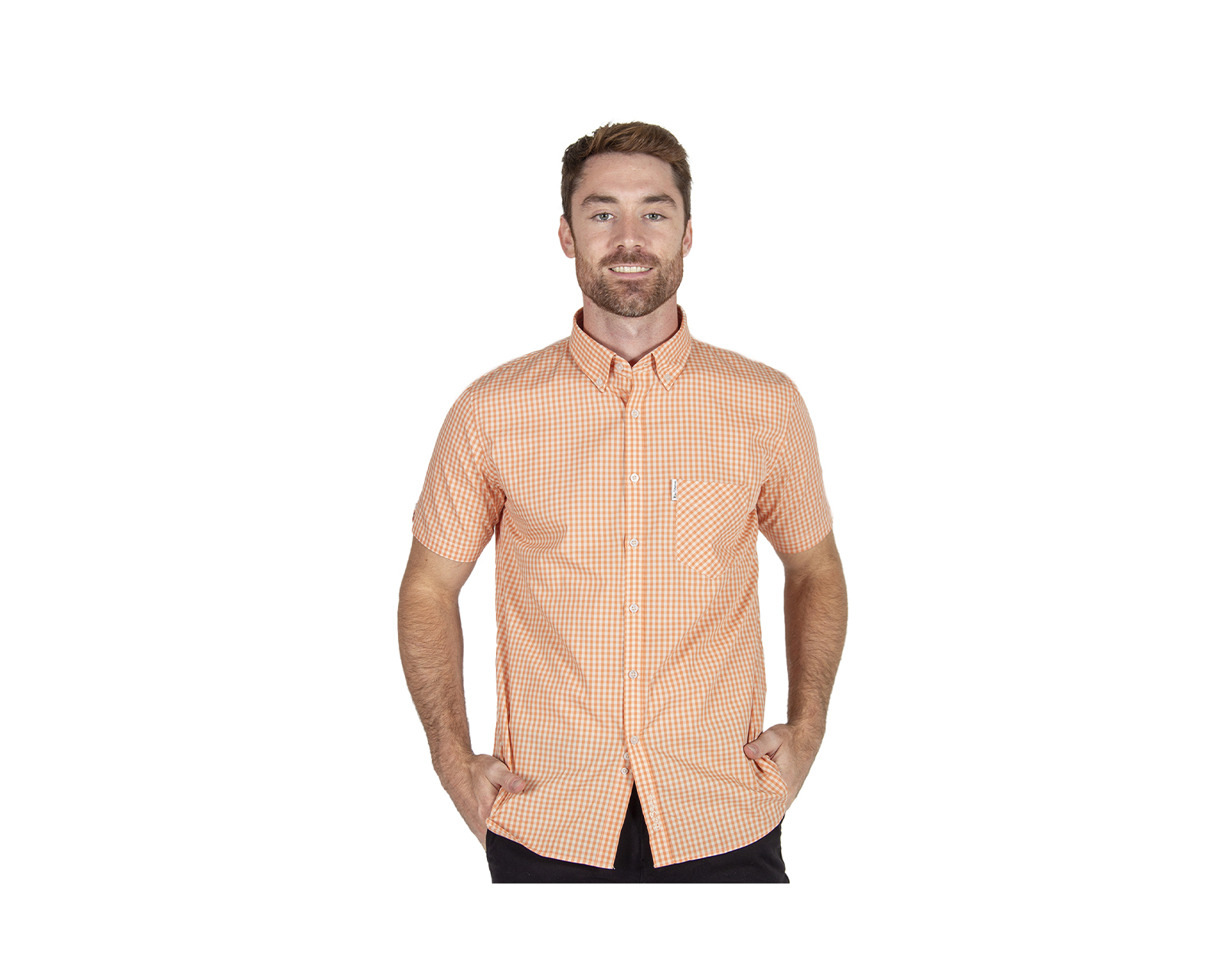 Foto 2 pulgar | Camisa para Hombre Gingham Manga Corta Naranja