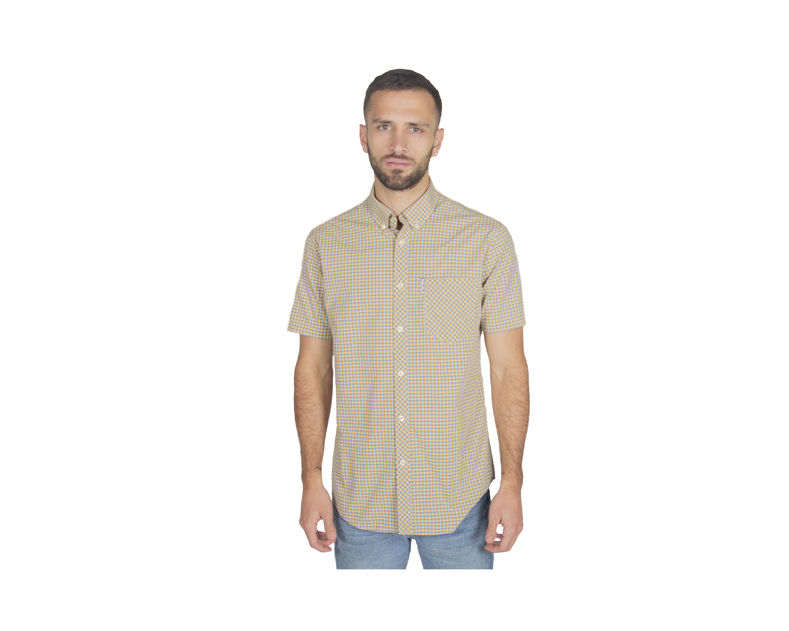 Foto 2 pulgar | Camisa para Hombre Gingham Manga Corta Beige