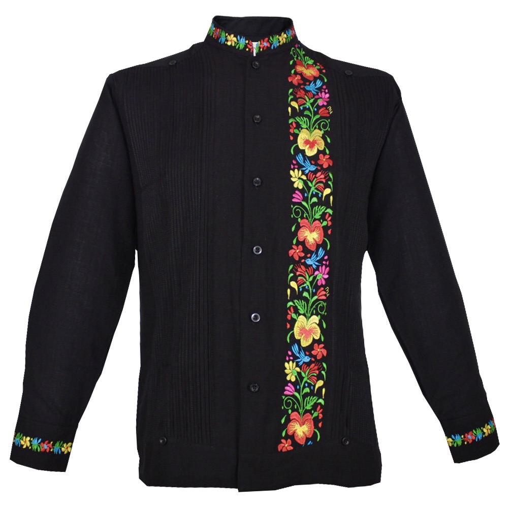 Camisa Guayabera Bordada de Lino Colibrí Manga Larga con Cuello Mao