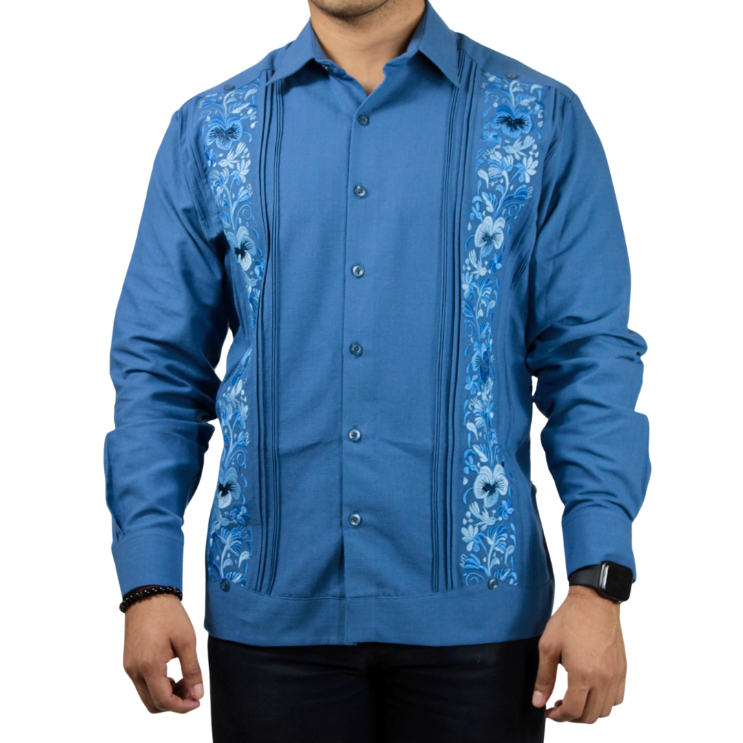 Foto 2 pulgar | Camisa Guayabera Yucateca Bordada Colibrí Manga Larga Azul Acero