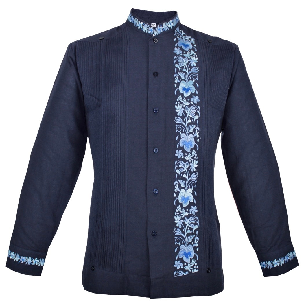 Guayabera Yucateca Bordada Modelo Colibrí Manga Larga Azul Marino $1,399