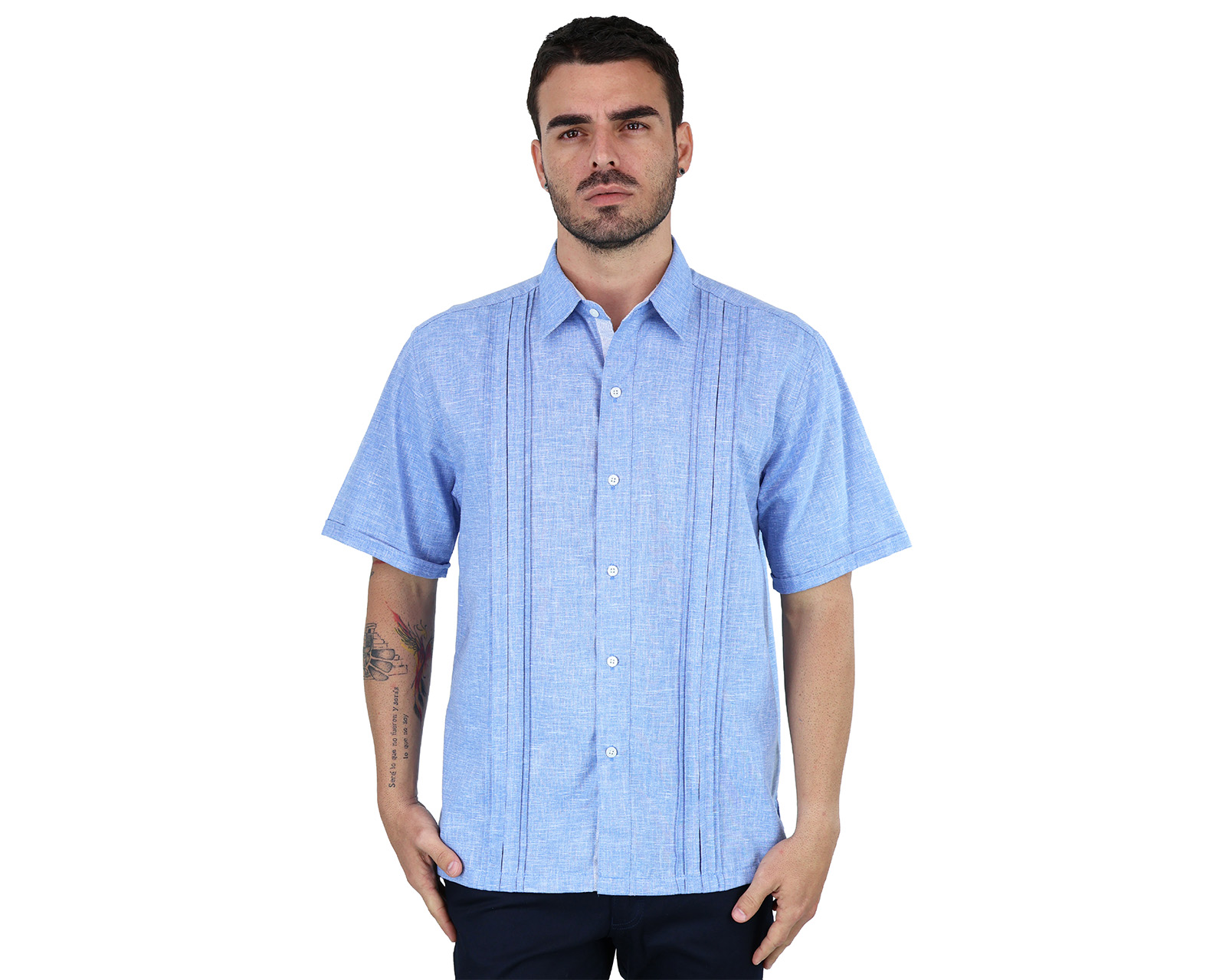 Foto 2 pulgar | Camisa Tipo Guayabera Para Hombre Modelo Digan Color Azul Jaspe Corte Regular Y Apariencia De Lino