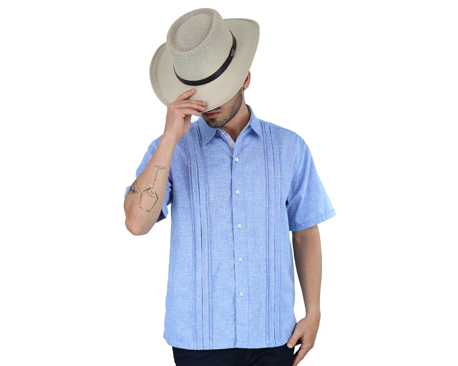 Foto 4 pulgar | Camisa Tipo Guayabera Para Hombre Modelo Digan Color Azul Jaspe Corte Regular Y Apariencia De Lino