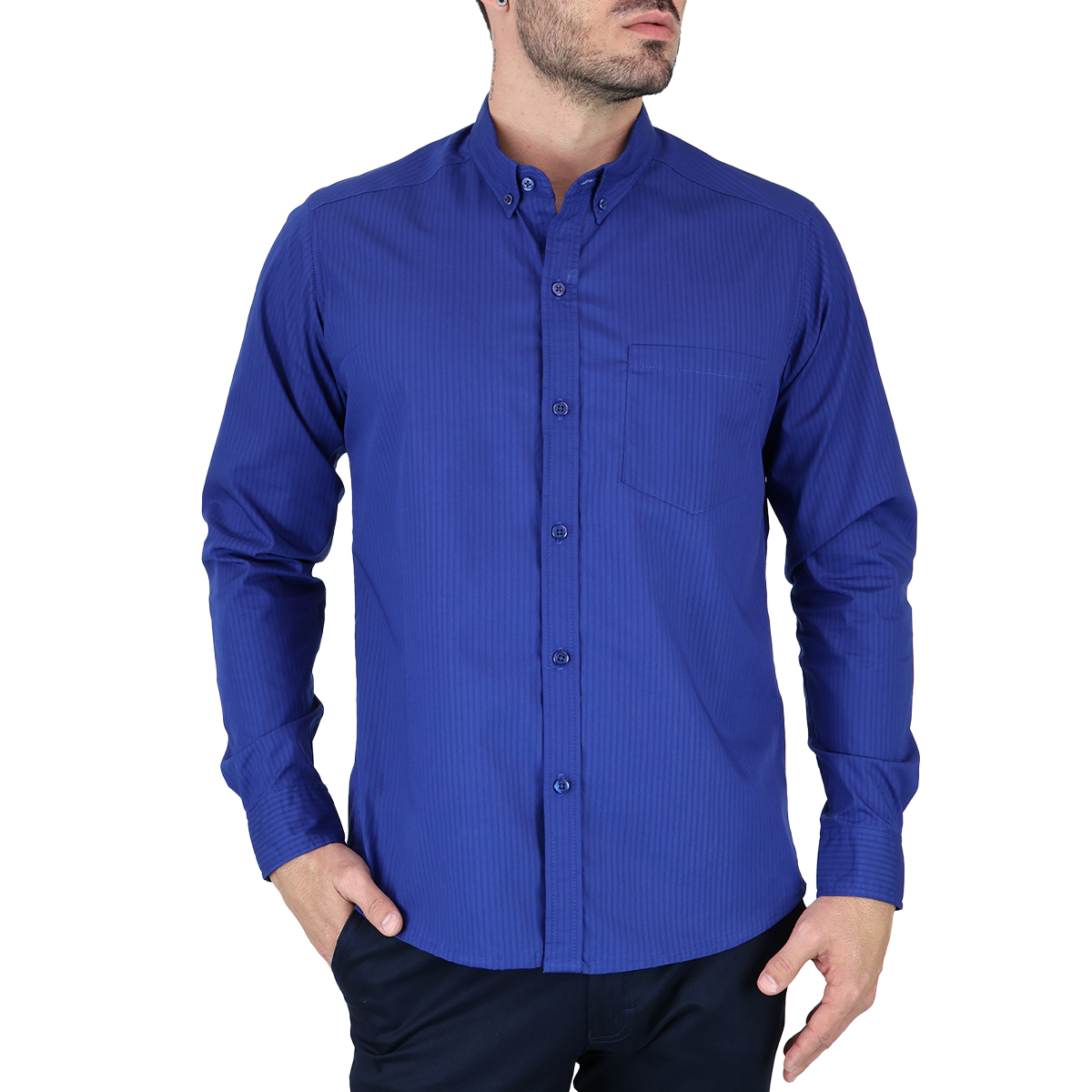 Foto 2 pulgar | Camisa De Manga Larga Para Hombre Marca Rams Cottons Modelo Dolby Color Azul Rey Con Rayas 100% Algodón