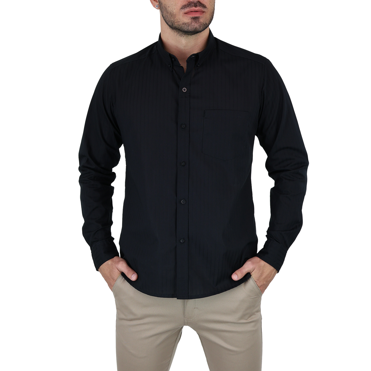Camisa De Manga Larga Para Hombre Marca Rams Cottons Modelo Dolby Color Negro Con Rayas 100% Algodón