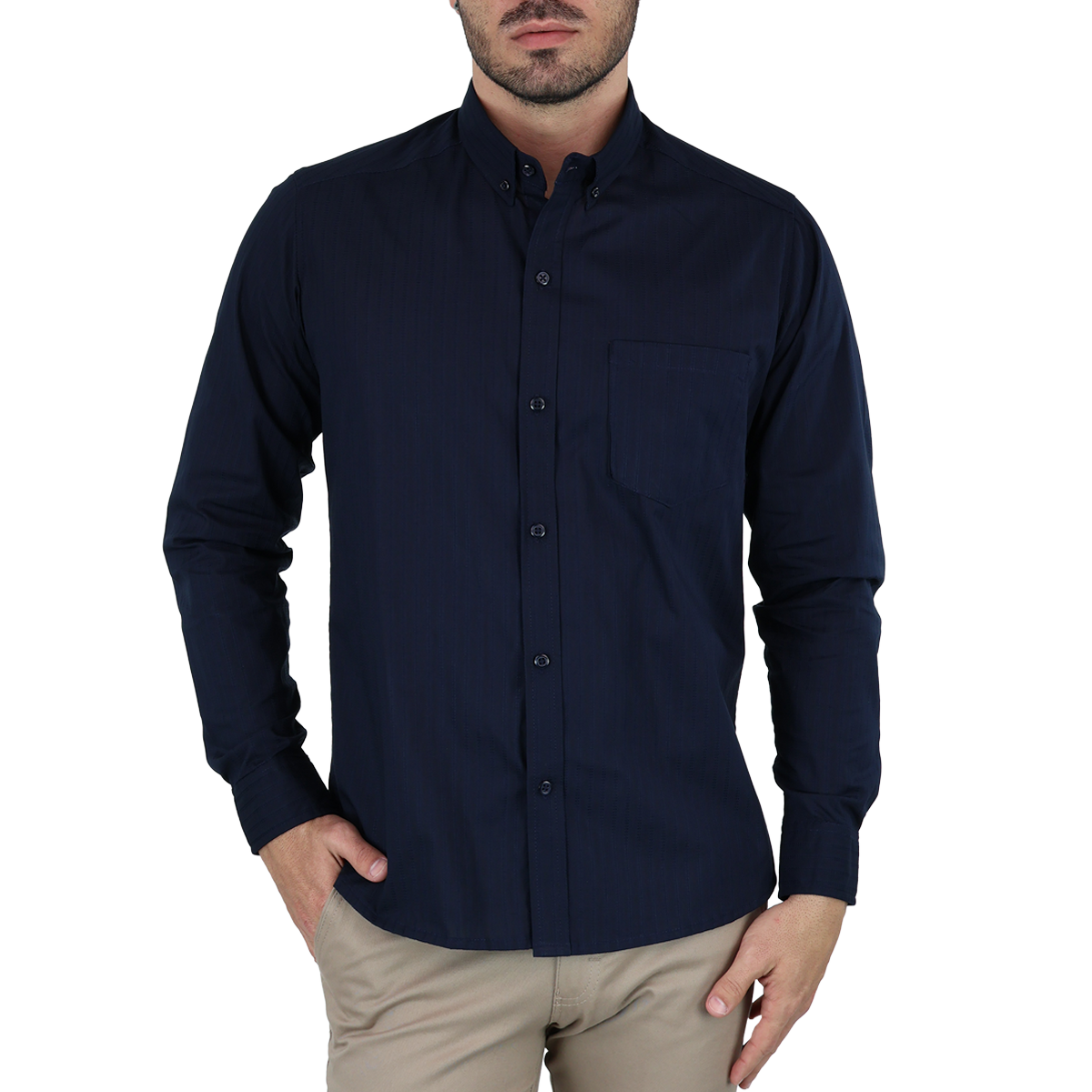 Camisa De Manga Larga Para Hombre Marca Rams Cottons Modelo Dolby Color Azul Marino Con Rayas 100% Algodón