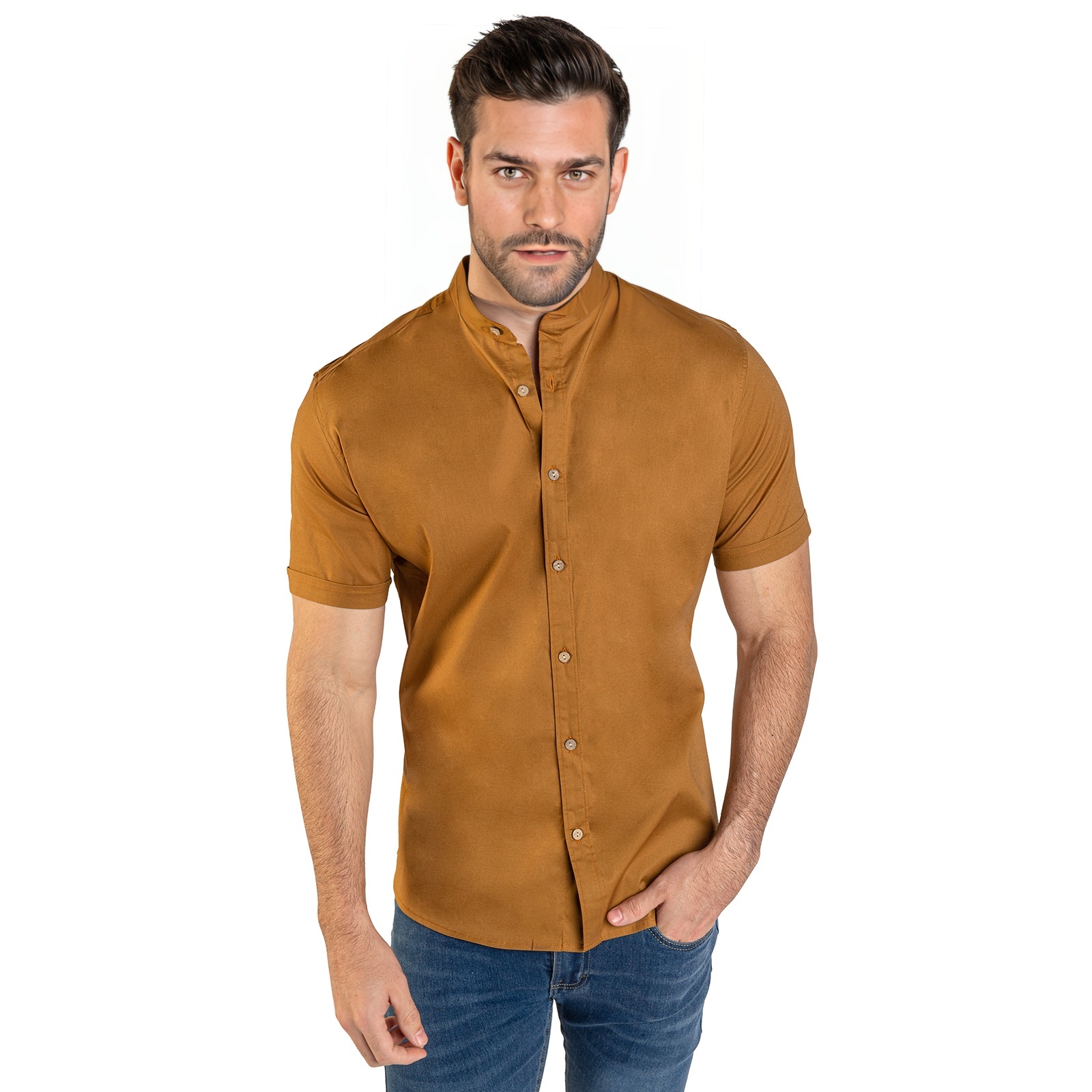 Foto 3 pulgar | Camisa Manga Corta Cuello Mao Chb Chili Beans Clothing Co. Bastretch Color Ocre