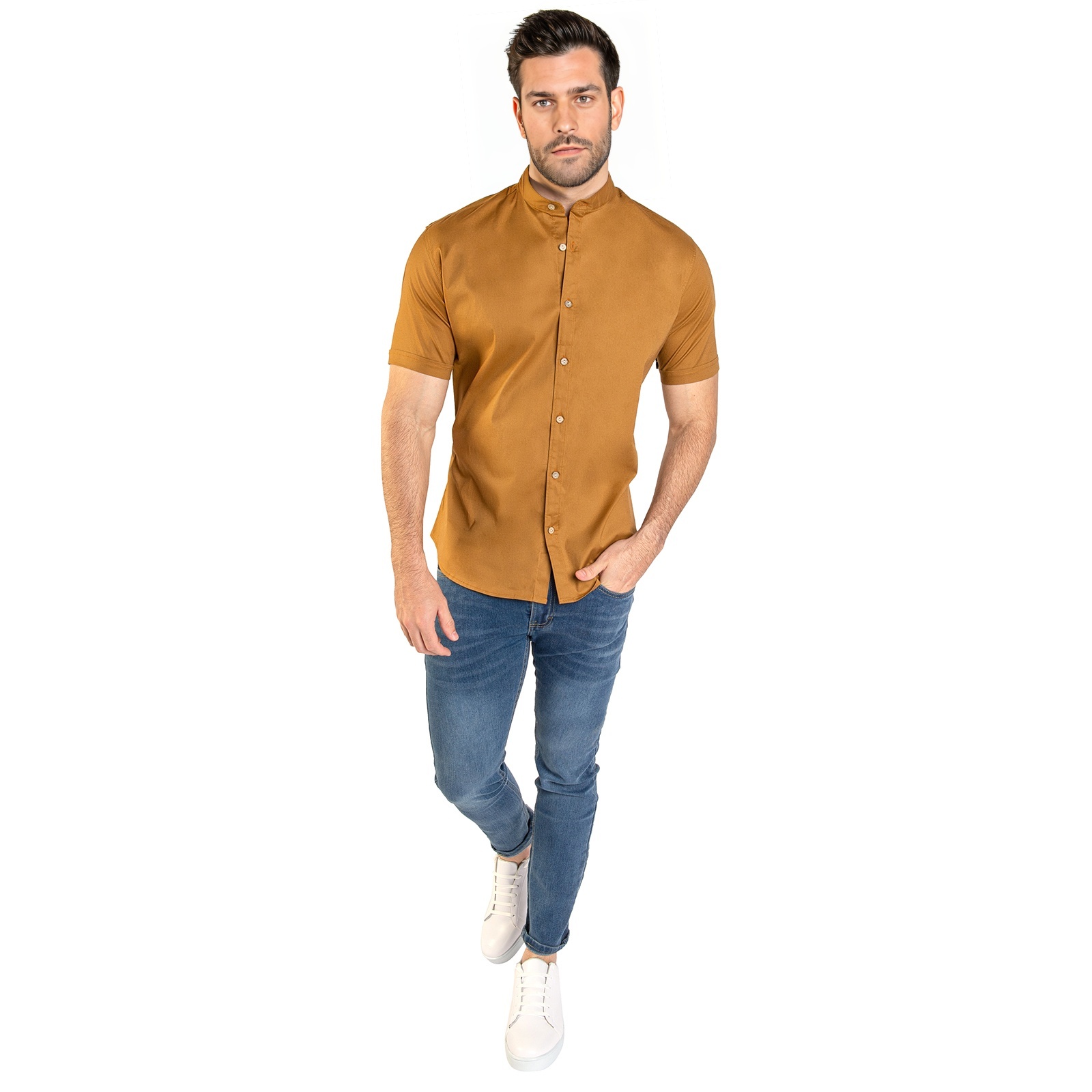 Foto 5 pulgar | Camisa Manga Corta Cuello Mao Chb Chili Beans Clothing Co. Bastretch Color Ocre