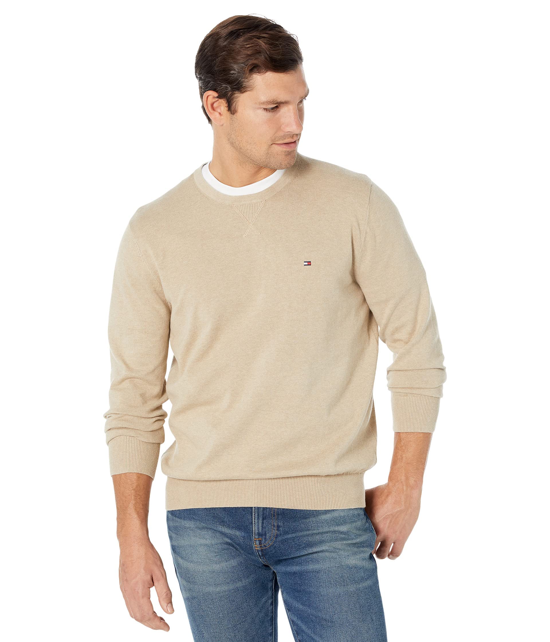 Jersey Tommy Hilfiger Liso Con Cuello Redondo Para Hombre, Beige, Xs - Venta Internacional.