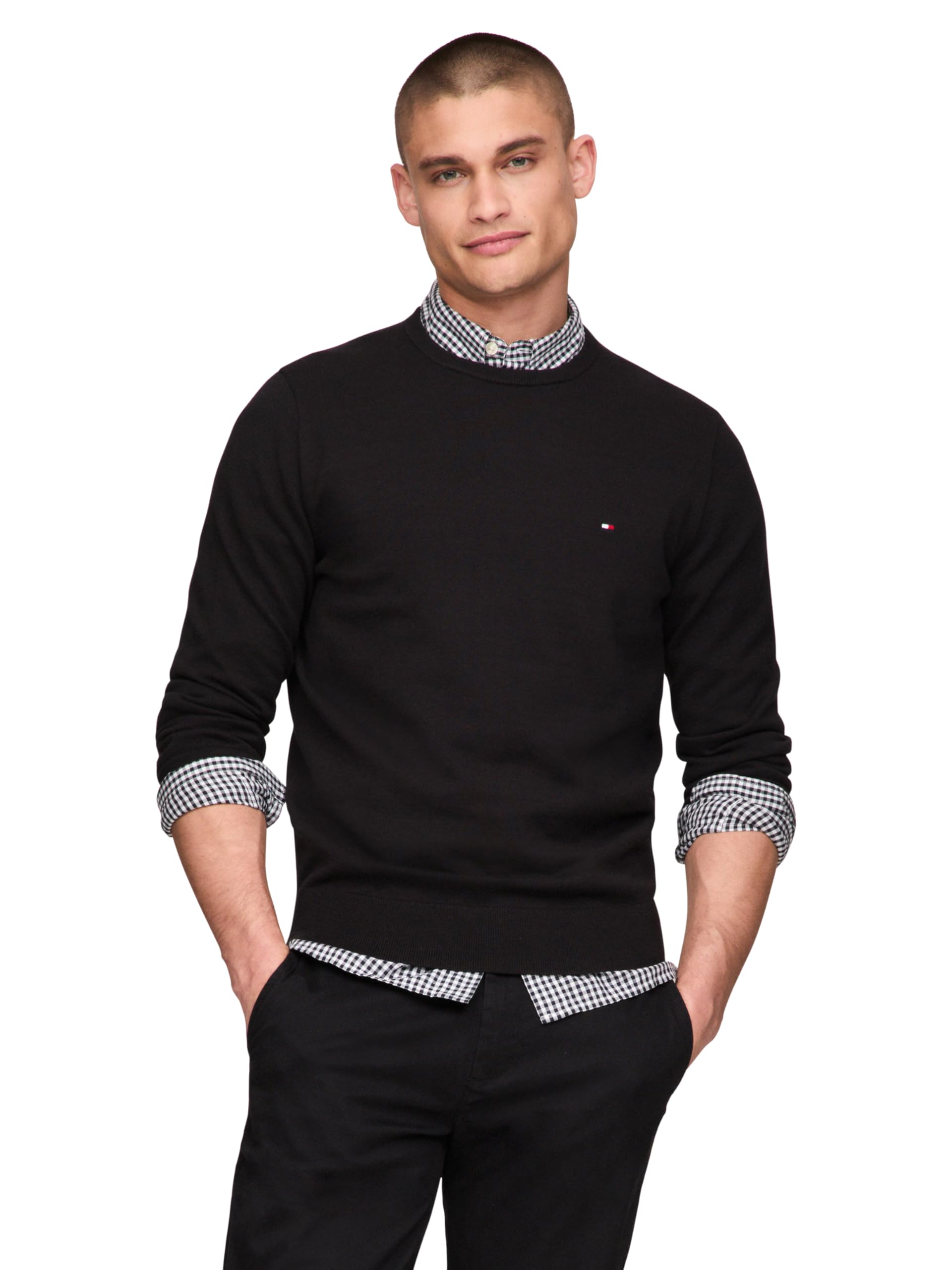 Jersey Tommy Hilfiger Para Hombre, Algodón Liso, Cuello Redondo, Negro - Venta Internacional.
