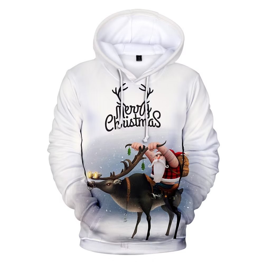 Venta Internacional- Sudadera con Estampado Digital de Papá Noel y Reno Blanca