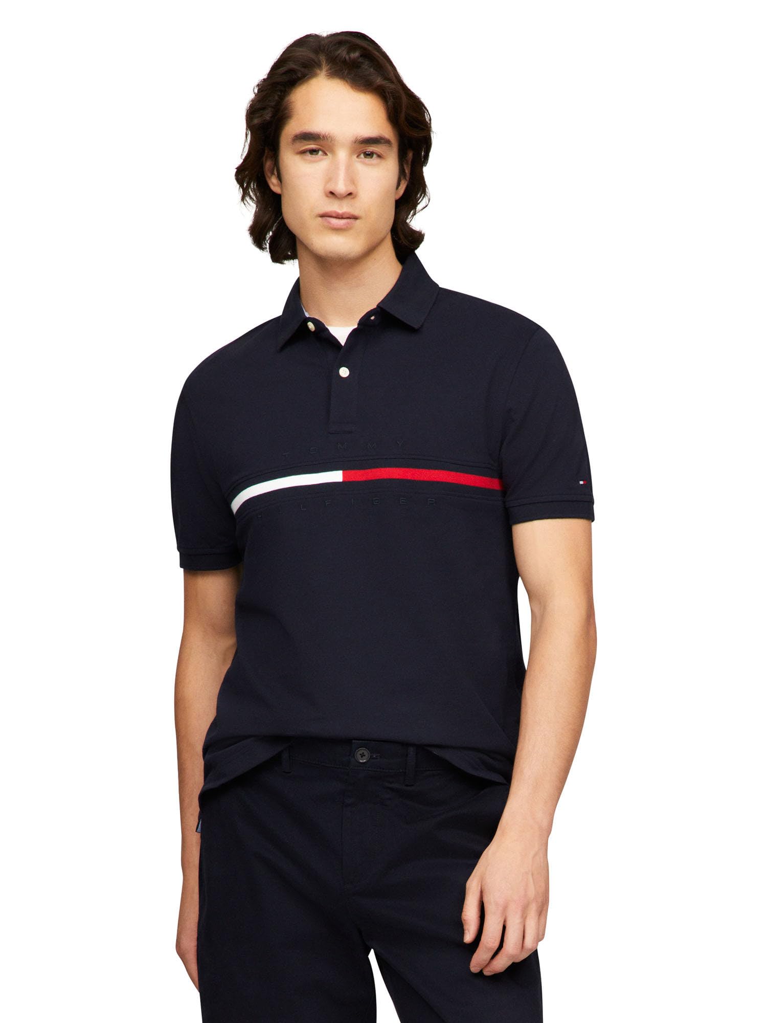 Foto 2 pulgar | Polo Tommy Hilfiger En Piqué De Algodón Con Estampado De Bandera Azul Marino Xs - Venta Internacional.