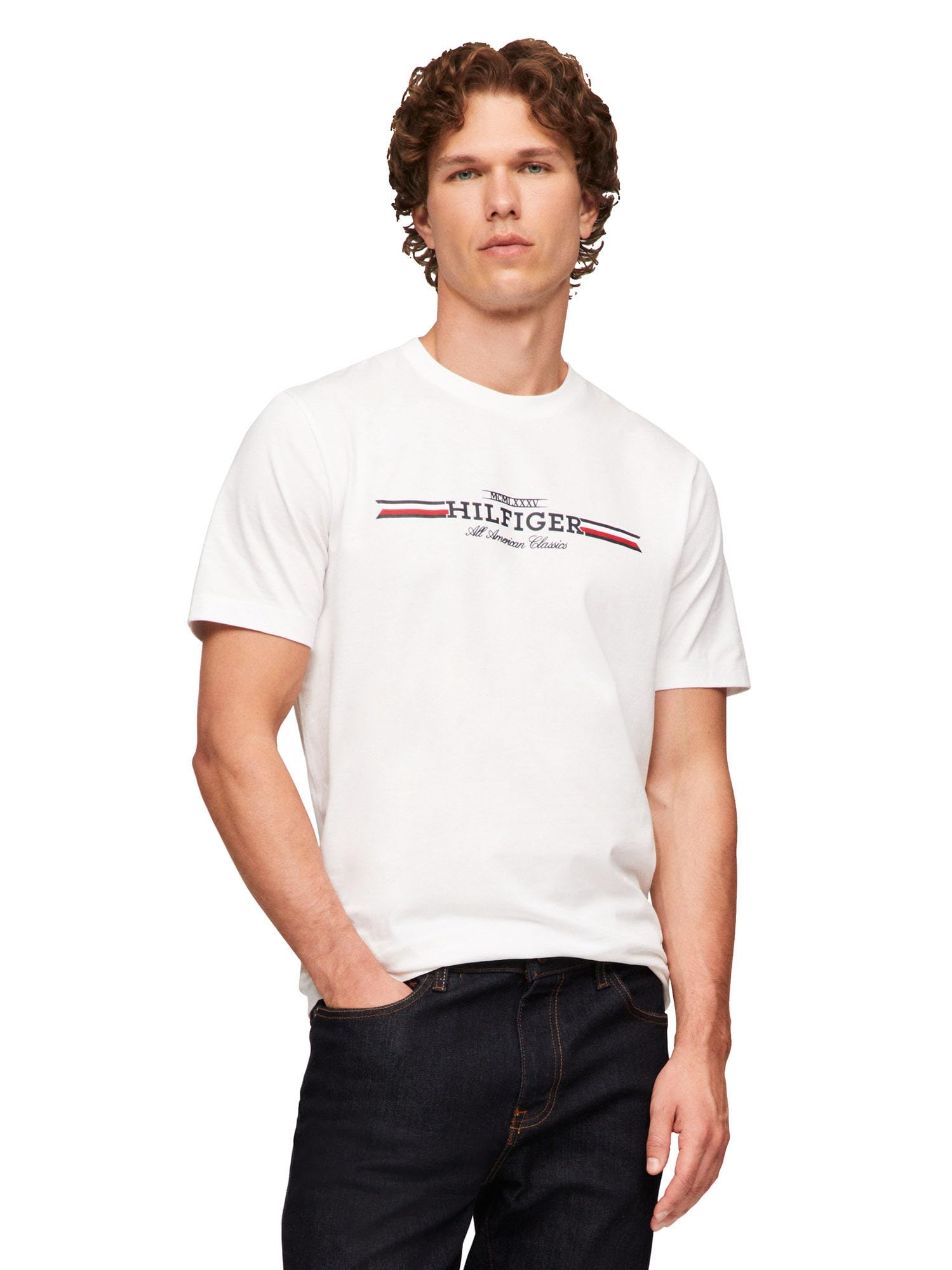 Foto 2 pulgar | Camiseta Tommy Hilfiger De Algodón Blanco Con Rayas En El Pecho Para Hombre - Venta Internacional.