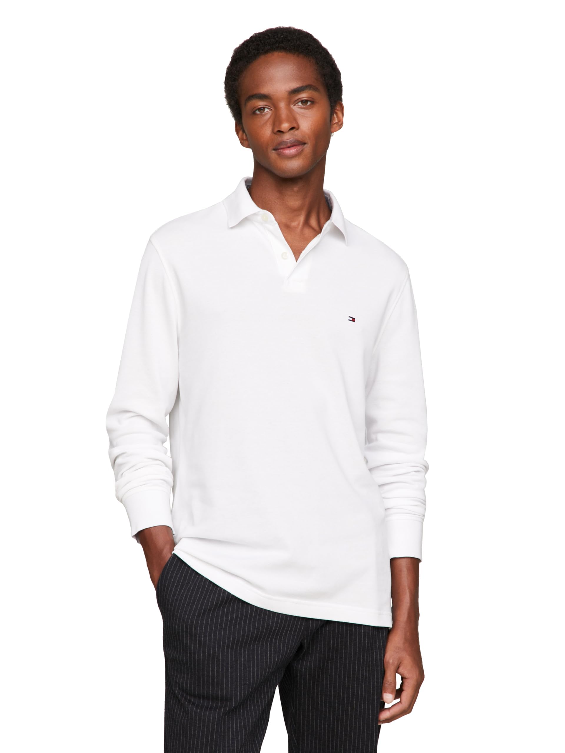 Polo Tommy Hilfiger De Manga Larga Para Hombre, Corte Regular, Blanco - Venta Internacional.