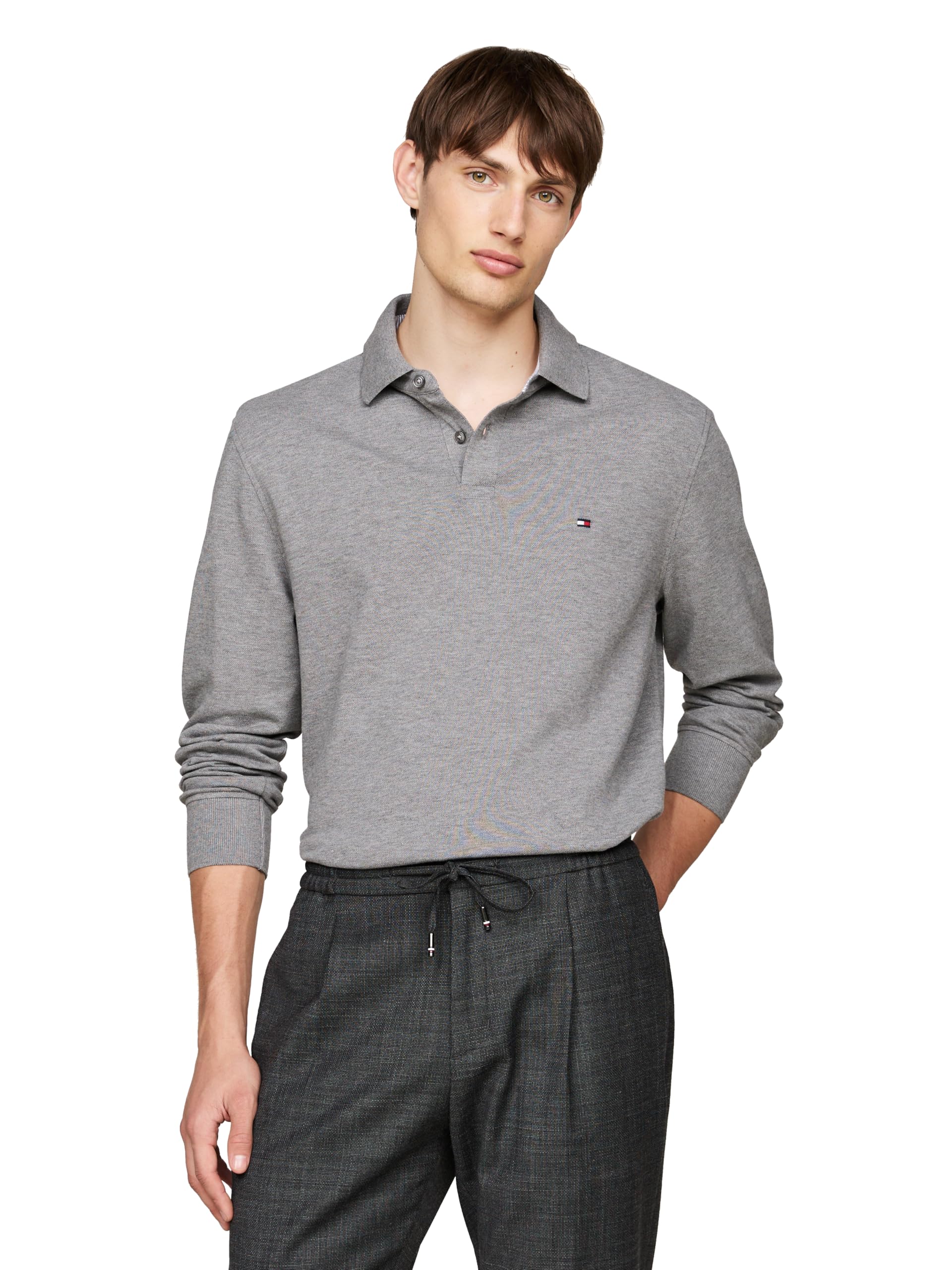 Foto 2 pulgar | Polo Tommy Hilfiger De Manga Larga Para Hombre, Corte Regular, Gris - Venta Internacional.
