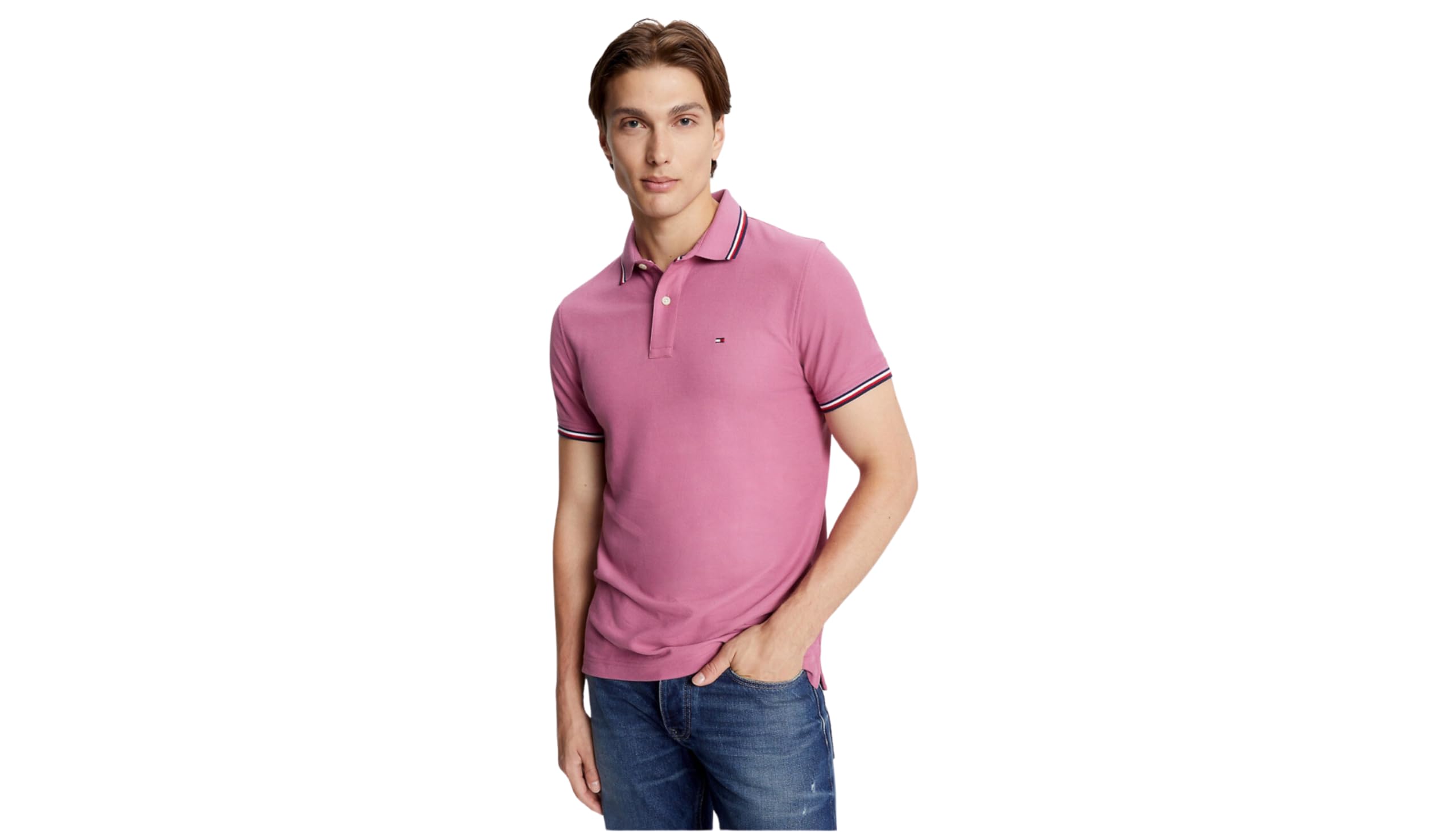 Foto 2 pulgar | Polo Tommy Hilfiger Con Cuello A Rayas Para Hombre, Color Rosa Y Morado - Venta Internacional.