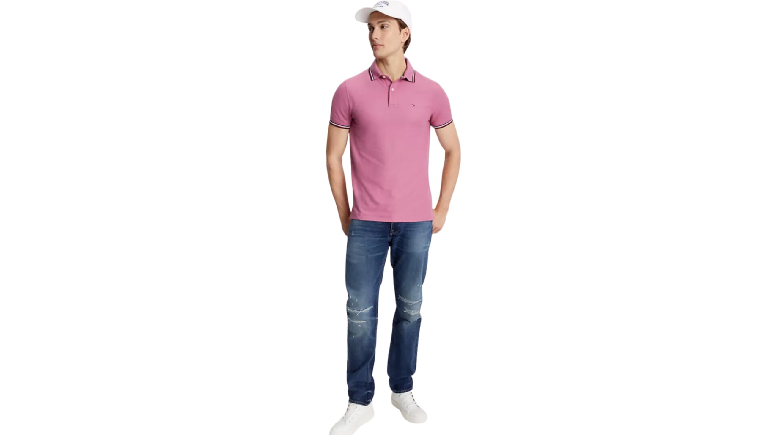 Foto 3 pulgar | Polo Tommy Hilfiger Con Cuello A Rayas Para Hombre, Color Rosa Y Morado - Venta Internacional.