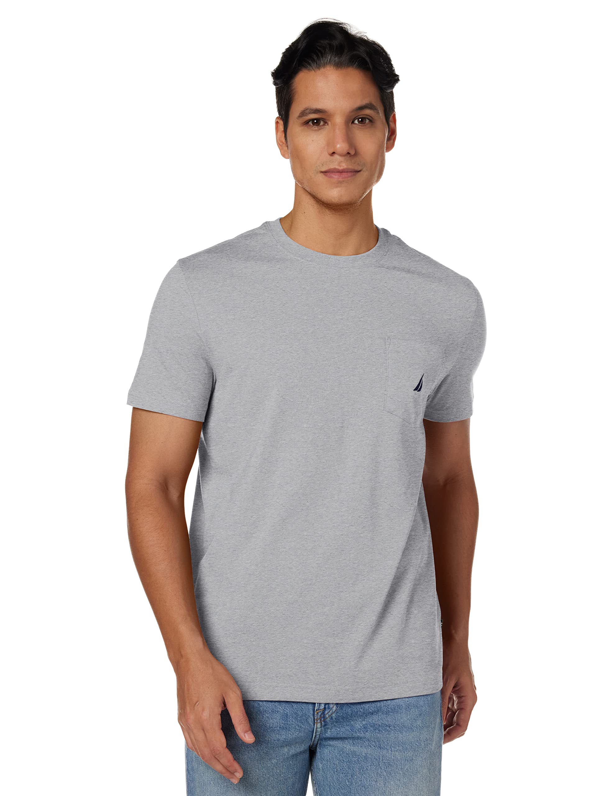 Camiseta Nautica Para Hombre Con Cuello Redondo Liso Y Bolsillo Gris Jaspeado - Venta Internacional.