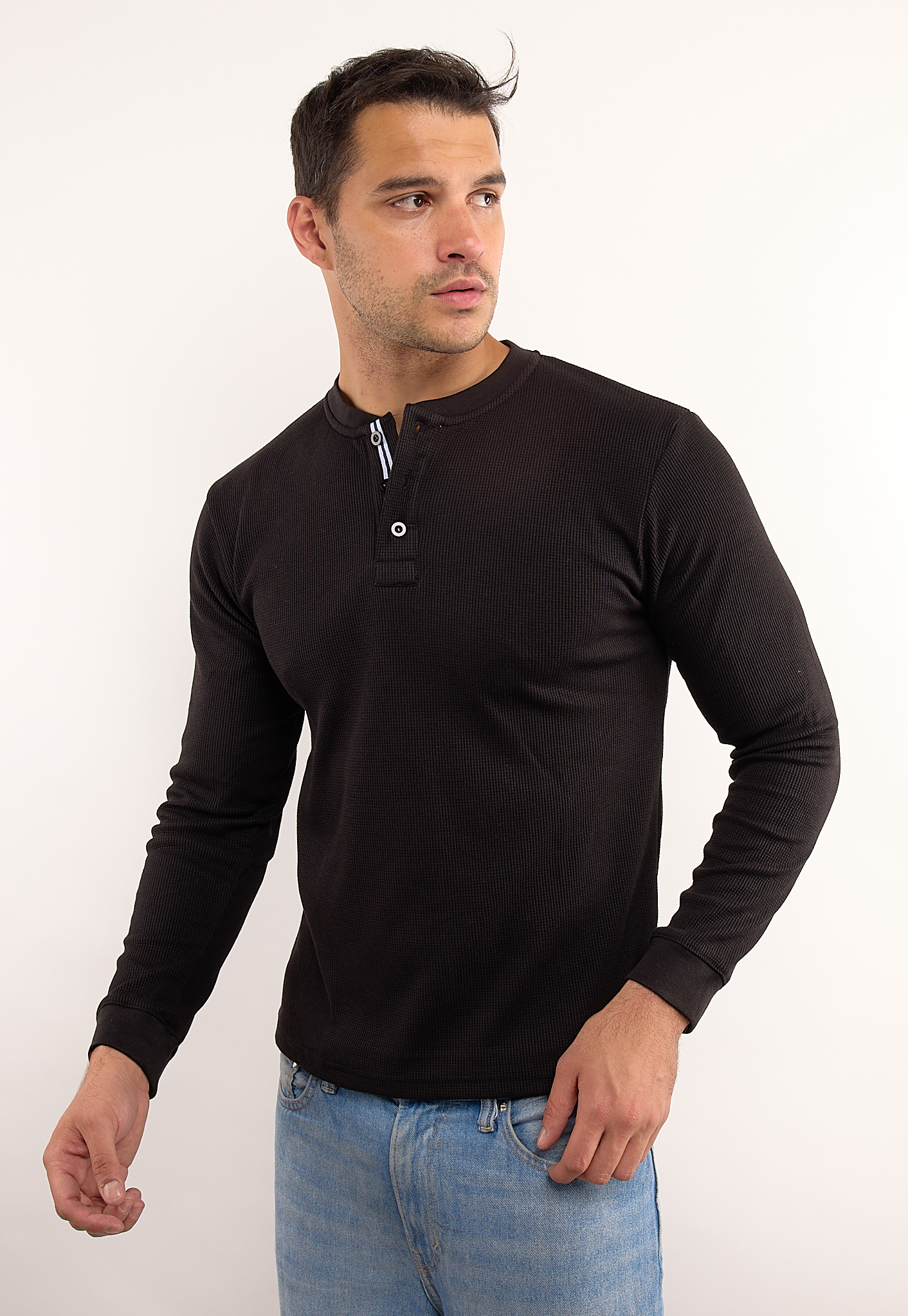 Foto 2 pulgar | Playera Polo Retro Manga Larga Cuello Henley Térmica Tela Tipo Grofe 973609652492