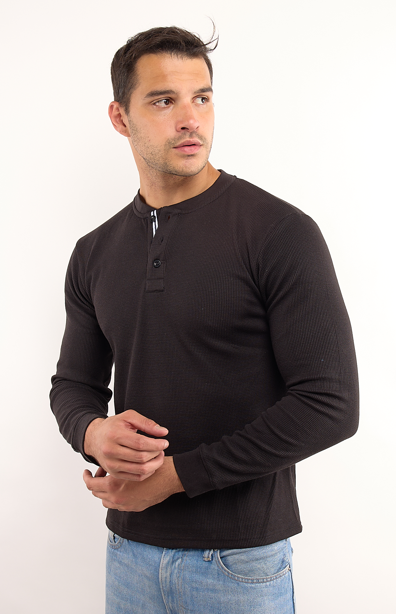 Foto 3 pulgar | Playera Polo Retro Manga Larga Cuello Henley Térmica Tela Tipo Grofe 973609652492
