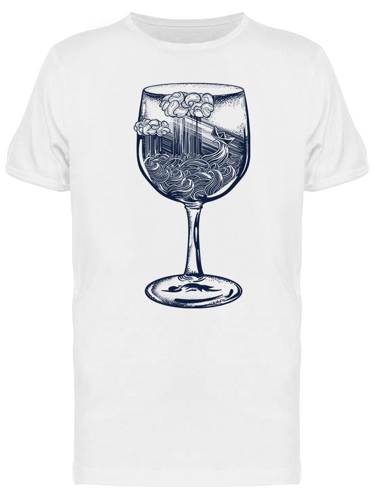 Playera SmartPrintsInk color Blanco para Hombre - Copa de Vino con Océano
