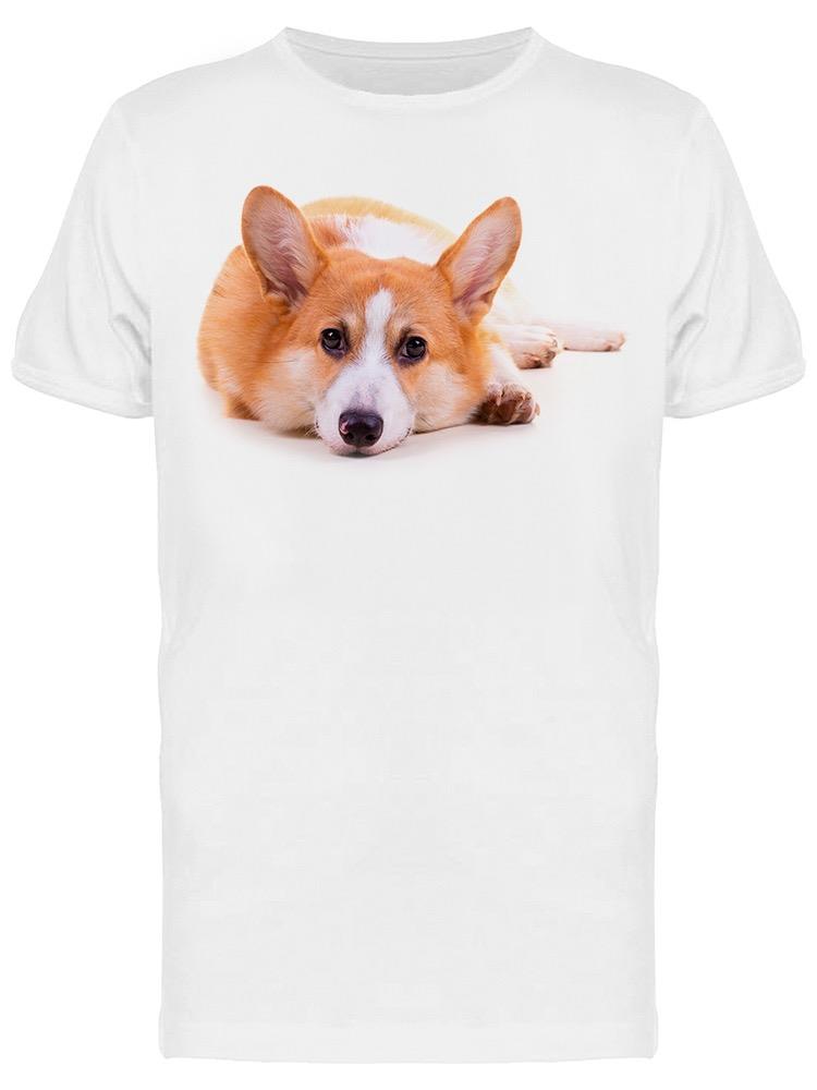 Playera SmartPrintsInk color Blanco para Hombre - Fotografía de Corgi Recostado