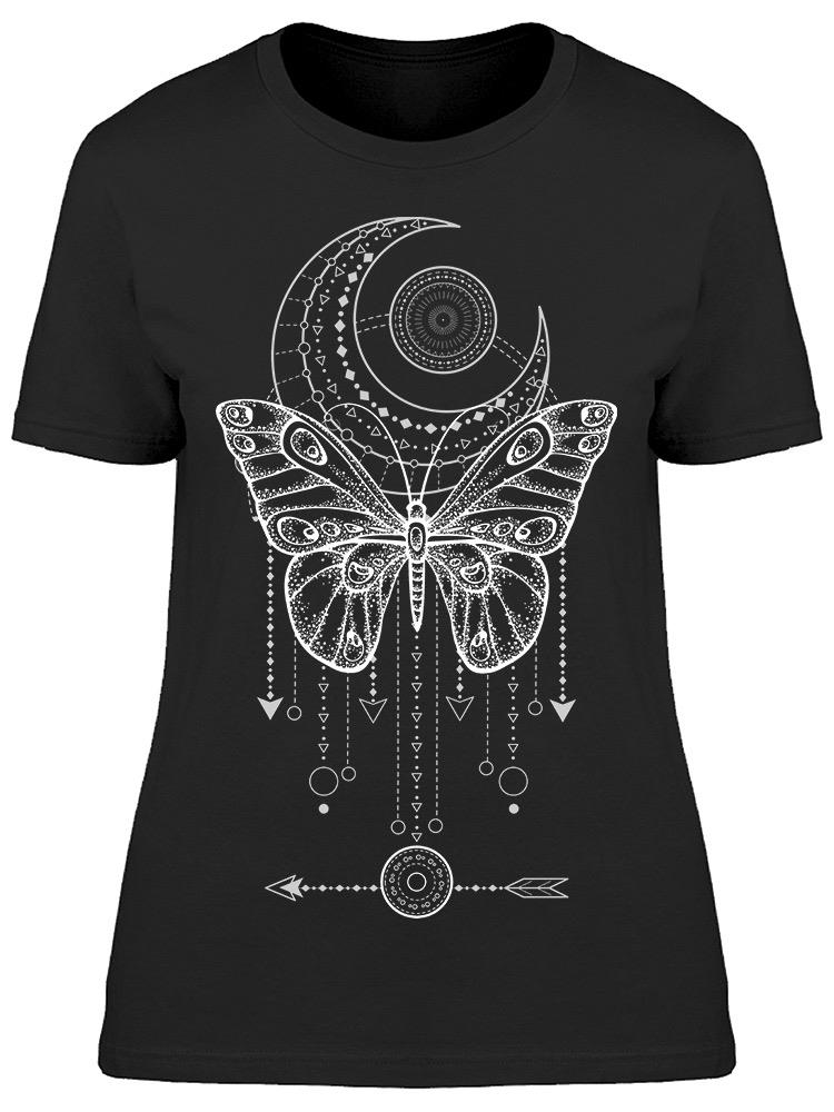 Playera SmartPrintsInk color Negro para Mujer Diseño Mariposa Atrapasueños y Luna