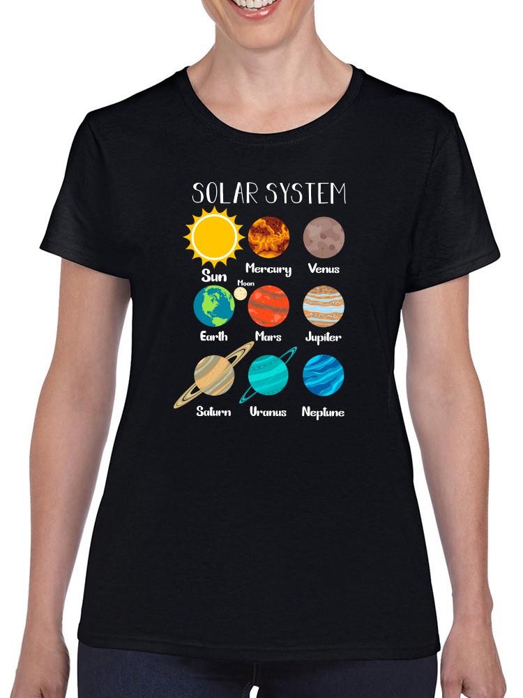 Playera Smartprintsink color Negro para Mujer Sistema Solar con Nombres