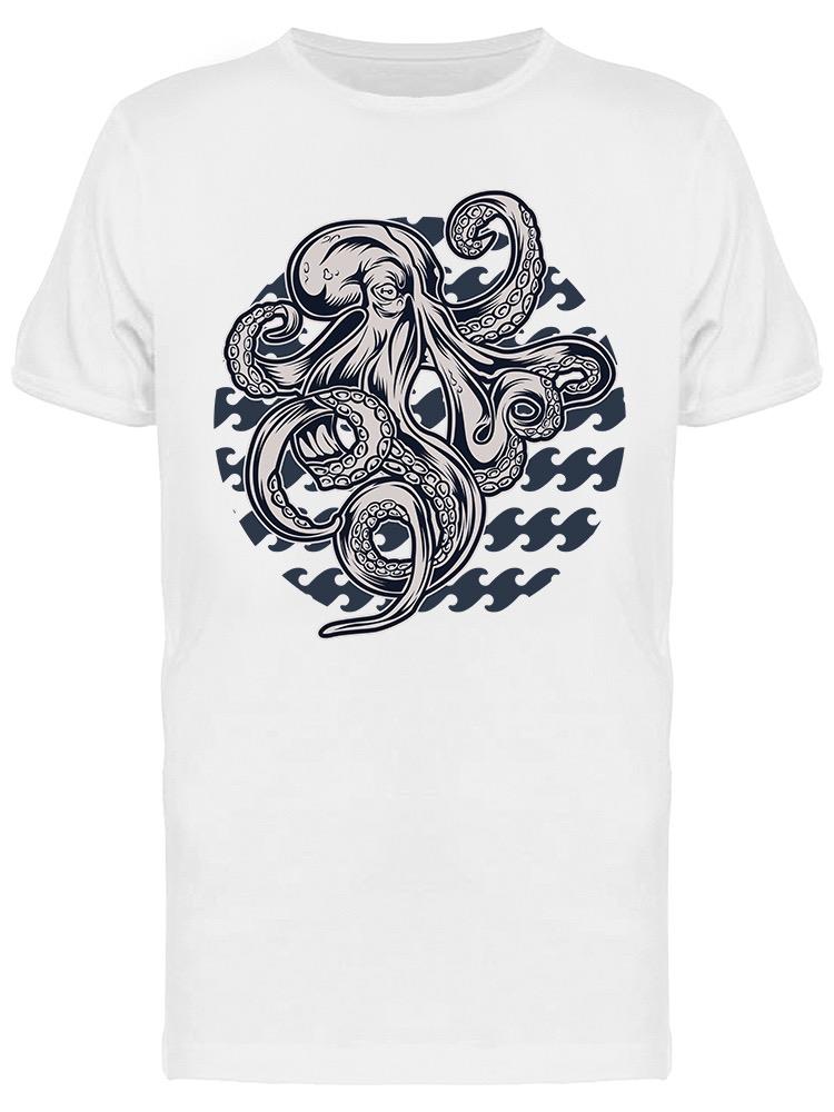 Playera SmartPrintsInk color Blanco para Hombre - Pulpo Sobre Fondo de Olas