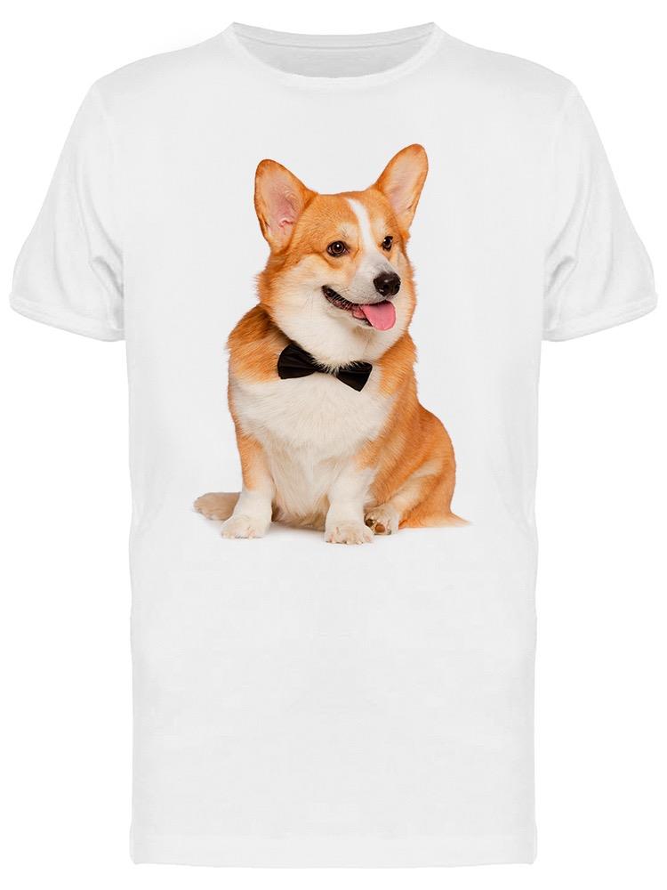 Playera SmartPrintsInk color Blanco para Hombre - Fotografía de Perro Corgi Sentado con Moño