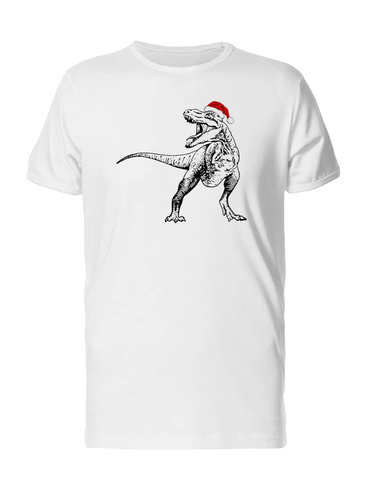 Playera SmartPrintsInk color Blanco para Hombre - Ilustración T-rex con Gorro de Navidad