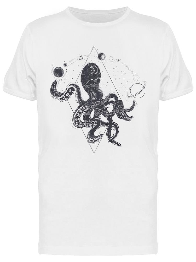 Playera SmartPrintsInk color Blanco para Hombre - Ilustración de Pulpo Cósmico con Planetas