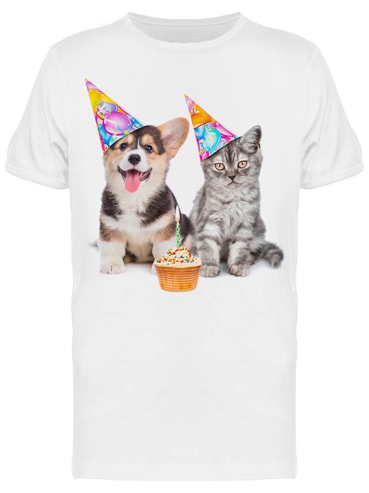 Playera SmartPrintsInk color Blanco para Hombre - Fotografía de Cachorro y Gatito Cumpleaños