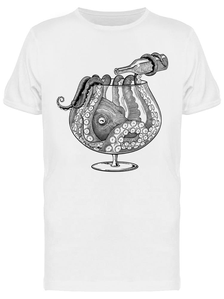 Playera SmartPrintsInk color Blanco para Hombre - Ilustración a Lápiz de Pulpo y Copa de Vino