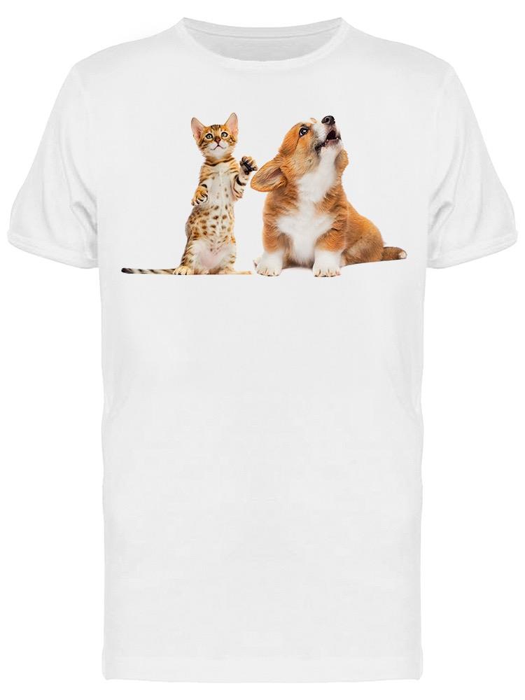 Playera SmartPrintsInk color Blanco para Hombre - Fotografía de Cachorro y Gatito