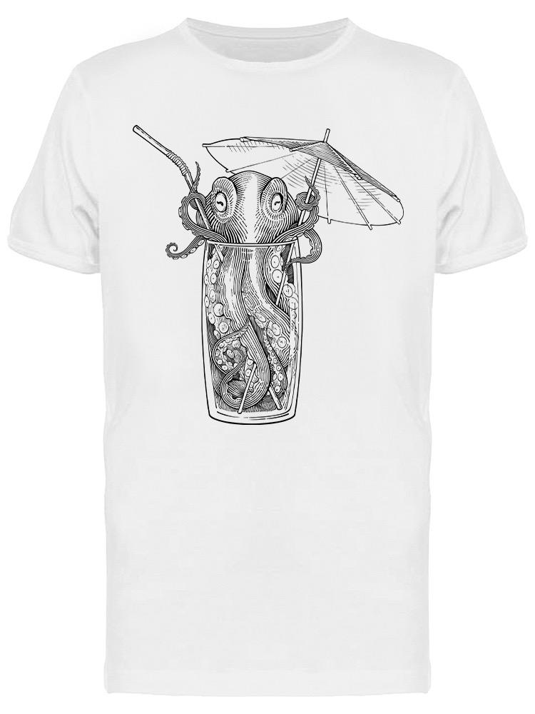 Playera SmartPrintsInk color Blanco para Hombre - Pulpo En Vaso Con Sombrilla