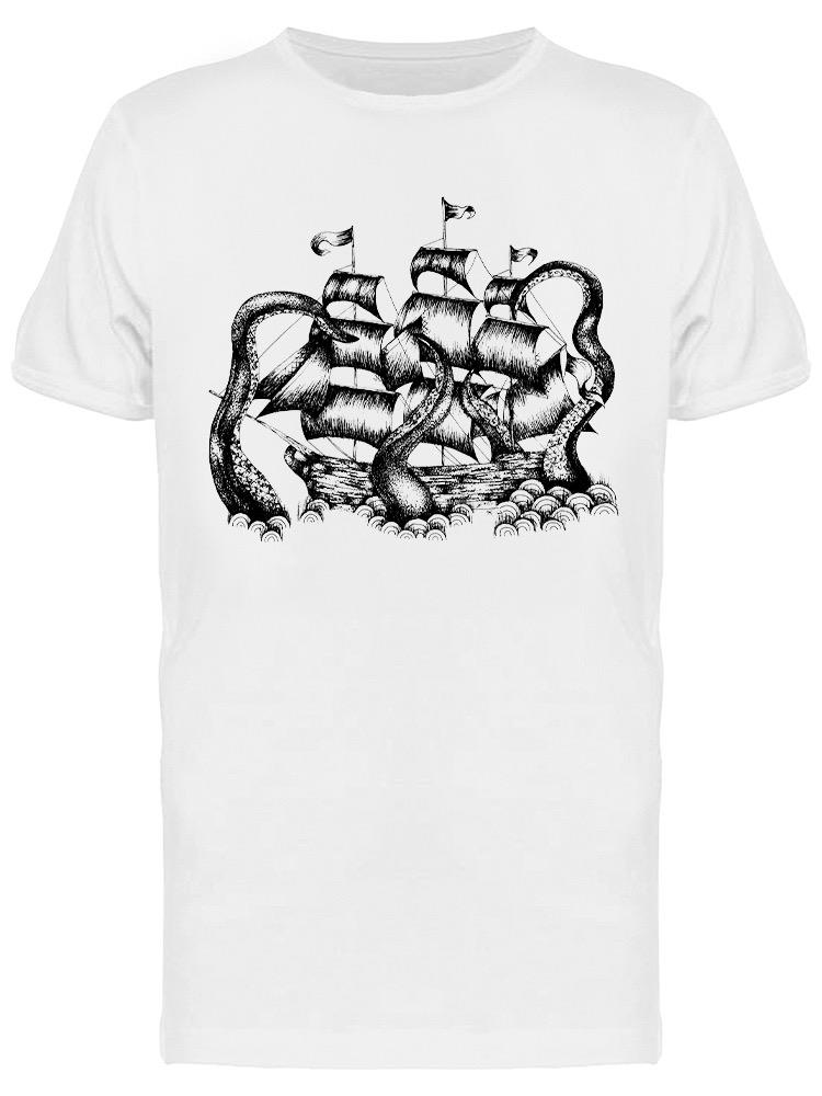 Playera SmartPrintsInk color Blanco para Hombre - Ilustración Barco Y Monstruo Marino