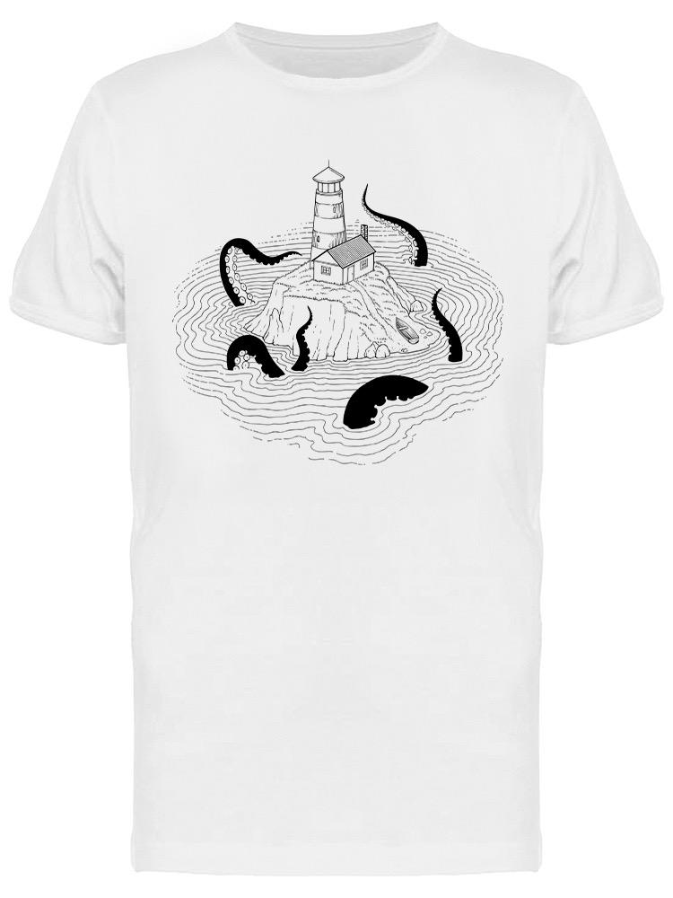 Playera SmartPrintsInk color Blanco para Hombre - Faro Con Monstruo Marino