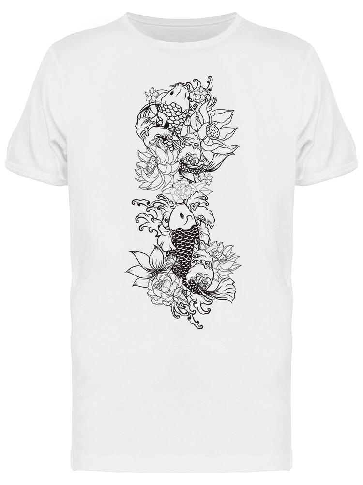 Playera SmartPrintsInk color Blanco para Hombre - Peces Koi con Flores de Loto