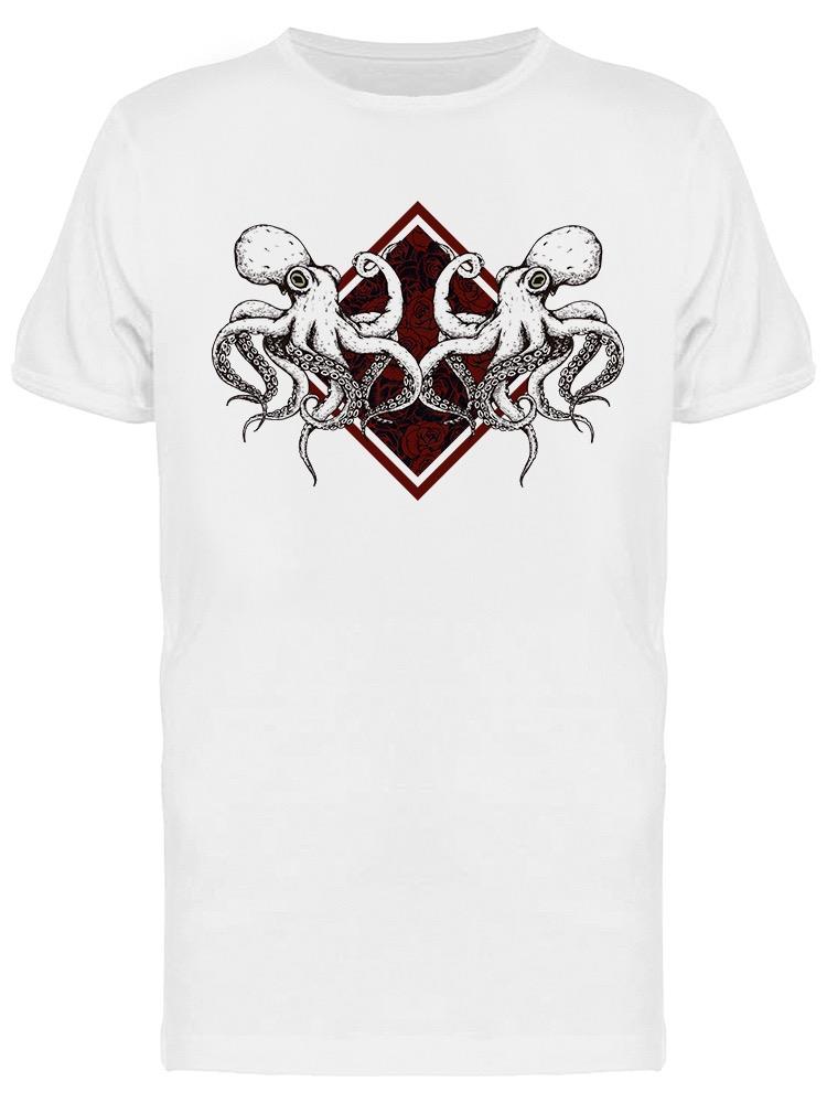 Playera SmartPrintsInk color Blanco para Hombre - Ilustración Pulpos Sobre Cuadro Rojo