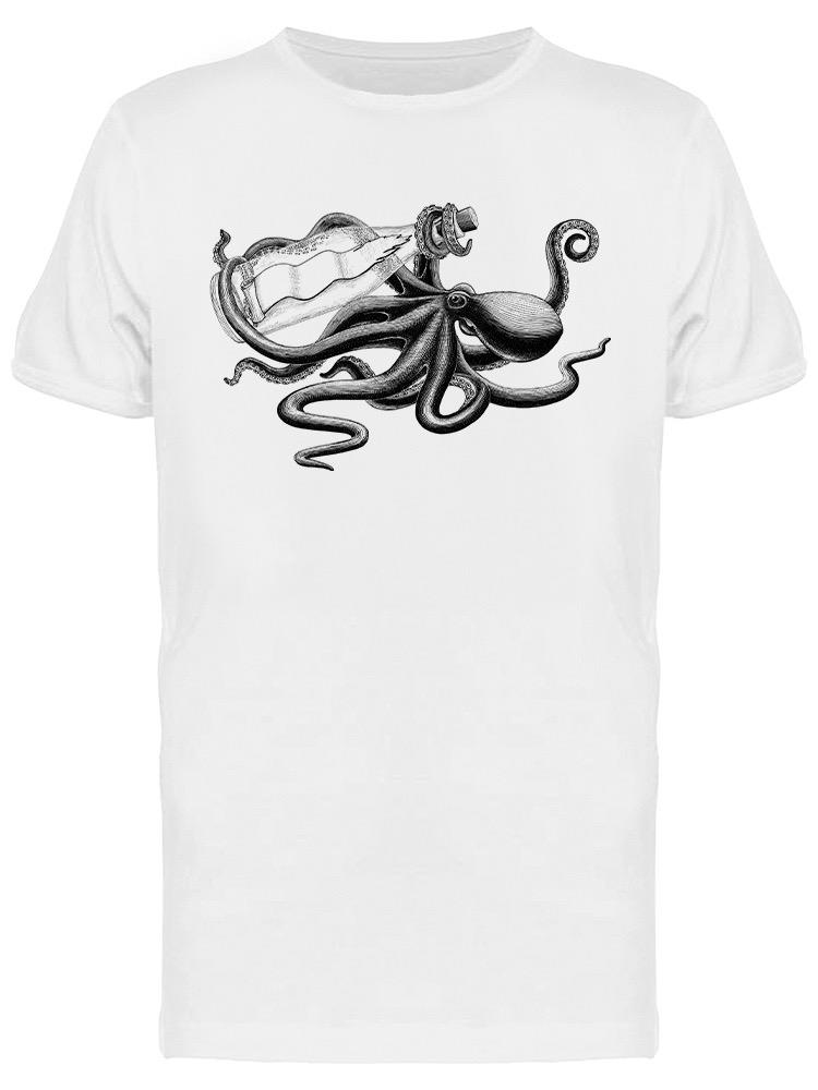 Playera SmartPrintsInk color Blanco para Hombre - Ilustración a Lápiz de Pulpo con Botella y Banderín