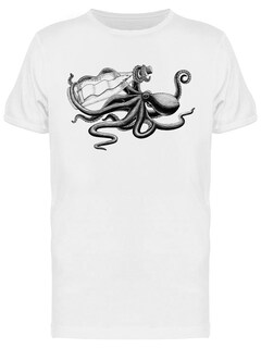 Foto 1 | Playera SmartPrintsInk color Blanco para Hombre - Ilustración a Lápiz de Pulpo con Botella y Banderín
