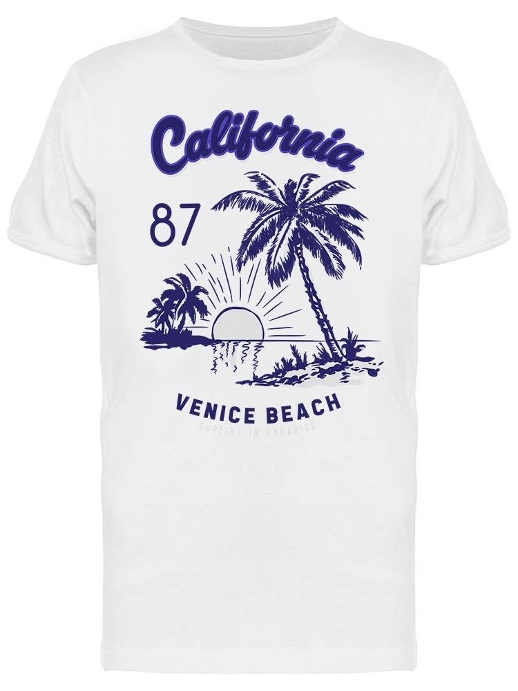 Playera SmartPrintsInk color Blanco para Hombre - Sol Y Palmeras Playa Venice California