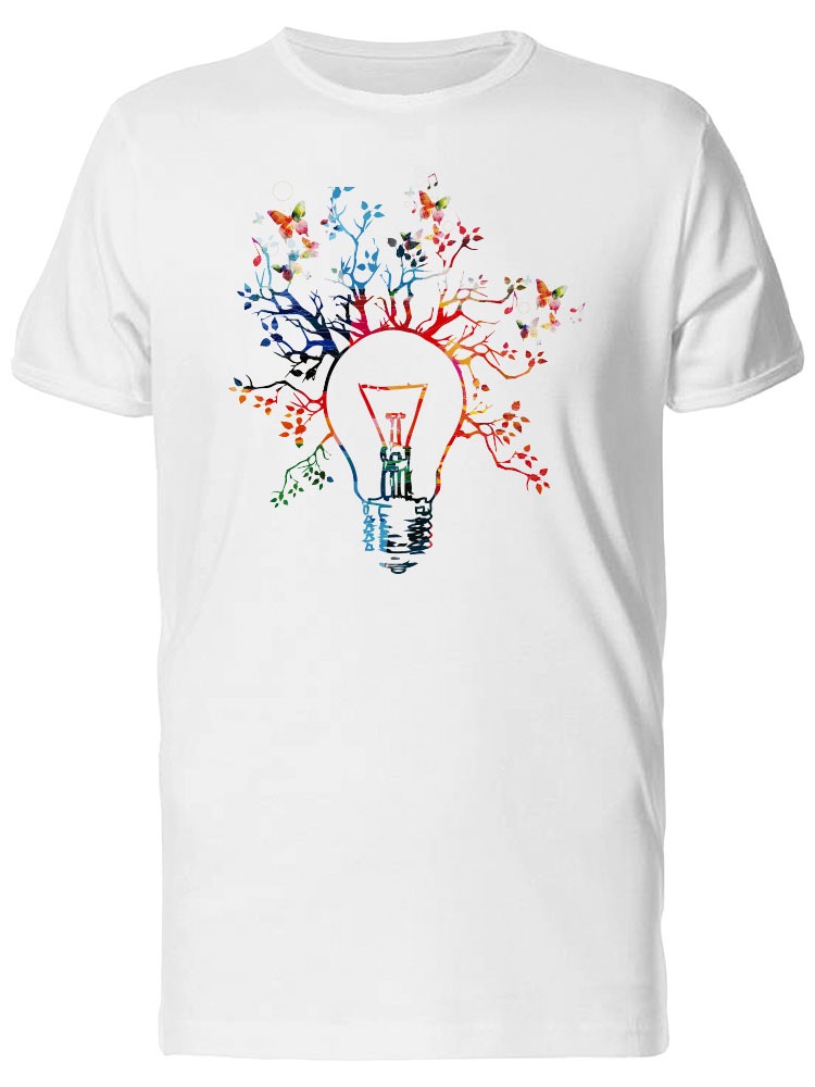 Playera SmartPrintsInk color Blanco para Hombre - Bombilla de Luz Colorida con Naturaleza
