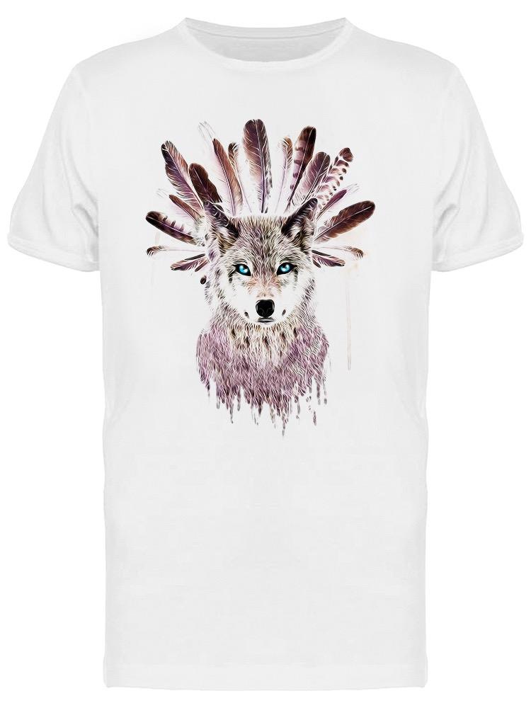 Playera SmartPrintsInk color Blanco para Hombre - Lobo Con Tocado De Plumas