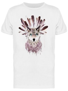Foto 1 | Playera SmartPrintsInk color Blanco para Hombre - Lobo Con Tocado De Plumas
